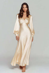 Champagne Satin V-Neck Backless Long Evening Dress With Sleeves