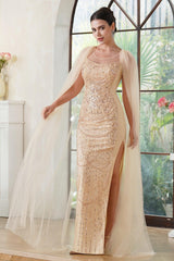 Champagne Sequin Mermaid Scoop Neck Evening Dress