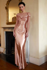 Champagne Sheath Cold Shoulder Long Satin Prom Dress