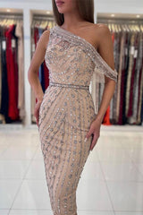 Champagne Sheath/Column Prom Dress Asymmetric Neck Tea Length Evening Dress