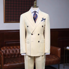 Champagne Striped Double Breasted Peaked Lapel Prom Suit