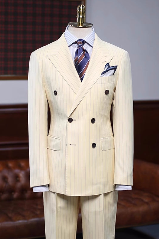 Champagne Striped Double Breasted Peaked Lapel Prom Suit