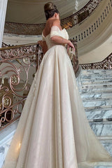 Champagne Tulle A Line Prom Dress with Fan Pleated Bodice and Bow Sleeve