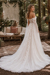 Champagne Tulle A Line Wedding Dress with Off Shoulder Drapes and Corset Bodice
