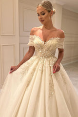 Champagne Tulle A Line Wedding Dress with Off Shoulder Straps and Beaded Appliques