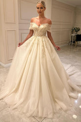 Champagne Tulle A Line Wedding Dress with Off Shoulder Straps and Beaded Appliques