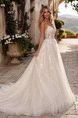 Champagne Tulle A Line Wedding Dress with Spaghetti Straps and Lace-Up Back