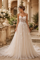Champagne Tulle A Line Wedding Dress with Spaghetti Straps and Lace-Up Back