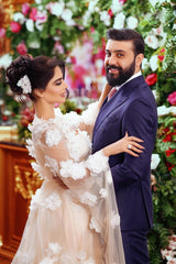 Champagne Wedding Dress A Line Square Beaded Illusion Sleeves Sequined Long Tulle Bridal Gown With 3D Flowers