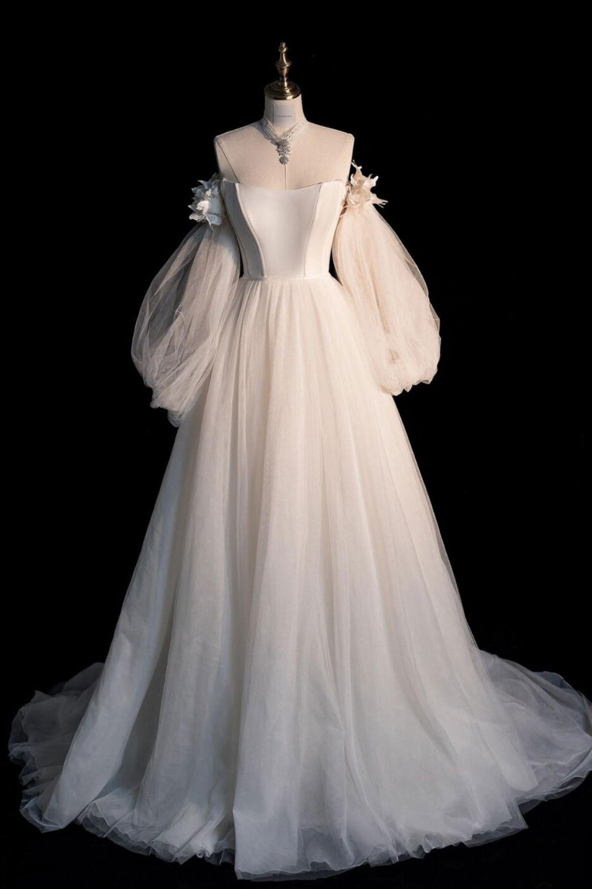 Champagne Wedding Dress A Line Tulle Long Sleeves Formal Evening Dress