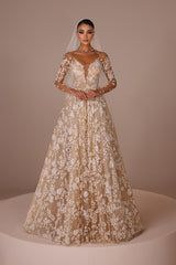 Champagne Wedding Dress A Line V Neck Illusion Sleeves Floor Length Tulle Bridal Gown With Appliques