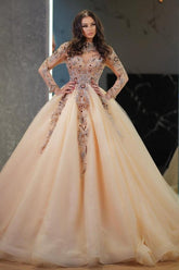 Champagne Wedding Dress Sleeves High Neck Beaded Ball Gown Tulle Bridal Gown With Rhinestone