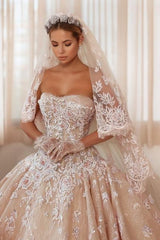 Champagne Wedding Dress Strapless Sleeveless Beaded Ball Gown Bridal Gown With Appliques And Rhinestones