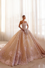 Champagne Wedding Dress Strapless Sleeveless Beaded Ball Gown Bridal Gown With Appliques And Rhinestones