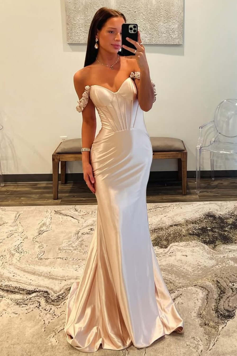 Champange Prom Dress Off The Shoulder Corset Long Formal Dress