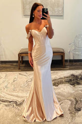 Champange Prom Dress Off The Shoulder Corset Long Formal Dress