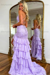 Charming Mermaid Spaghetti Straps Lace Up Long Prom Dress With Ruffle Skirt Formal Evening Gown