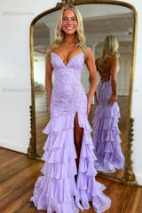 Charming Mermaid Spaghetti Straps Lace Up Long Prom Dress With Ruffle Skirt Formal Evening Gown