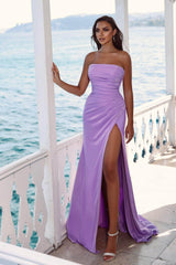 Charming Purple Long Evening Dress Evening Dress Strapless Sleeveless Slit Pleated