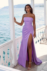 Charming Purple Long Evening Dress Evening Dress Strapless Sleeveless Slit Pleated