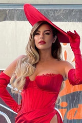 Charming Red Evening Dress Off the Shoulder Strapless Long Sleeve with Slit
