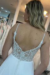 Chic A-Line Spaghetti Straps White Long Beach Wedding Dress with Beading