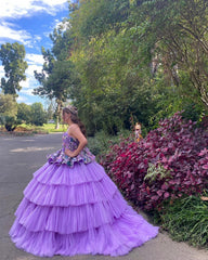 Chic Ball Gown Strapless Spaghetti Straps Flowers Appliques Tiered Lavender Tulle Quinceanera Dress For Sweet 16