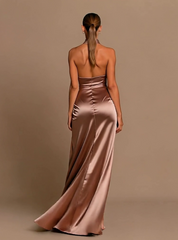 Halter Neck Satin Wedding Guest Dress Lace-Up Back Bridesmaid Dress