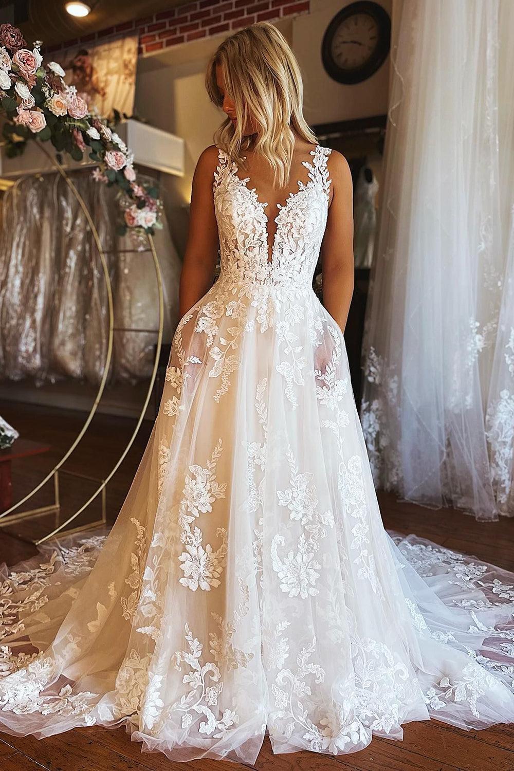 Dreamyannie Women Wedding Dress Chic Ivory V-Neck A-Line Tulle Bridal Dress with Pockets Dreamyannie UK Dreamyannie Women Wedding Dress Chic Ivory V-Neck A-Line Tulle Bridal Dress with Pockets Dreamyannie UK