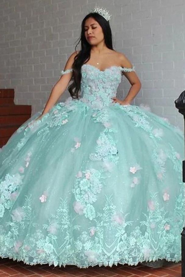 Dreamyannie UK Chic & Modern Ball Gown Off Shoulder Flowers Lace Appliques Beaded Tiered Mint Green Tulle Princess Birthday Party Gown Quinceanera Dress For Sweet 16 Dreamyannie UK Chic & Modern Ball Gown Off Shoulder Flowers Lace Appliques Beaded Tiered Mint Green Tulle Princess Birthday Party Gown Quinceanera Dress For Sweet 16