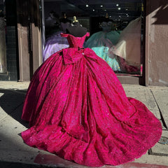Chic & Modern Ball Gown Off Shoulder Sweetheart Neck Hot Pink Tulle Quinceanera Dress Princess Evening Party Gown For Sweet 16 Dress