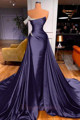 Chic One Shoulder Beaded Mermaid Prom Dress With Court Train