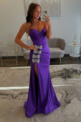 Chic Purple Prom Dress Corset Sweetheart Mermaid Formal Dress With Slit