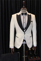 Chic White 3 Piece Jacquard Wedding Suit for Men