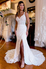 Chic White V-Neck Sheath Long Lace Beach Wedding Dress with Slit