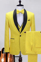 Chic Yellow Shawl Lapel 3 Piece Jacquard Prom Suit