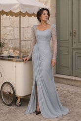 Chiffon A Line Mother of the Bride Dress with Beaded Long Sleeves and Side Slit