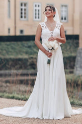 Chiffon A Line Wedding Dress with Lace Bodice and Illusion Back