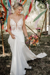 Chiffon A Line Wedding Dress with Plunging V Neck and Open Back