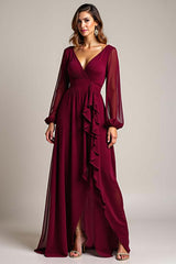 Chiffon Long Burgundy Wedding Guest Dress Formal Dress With Ruffles