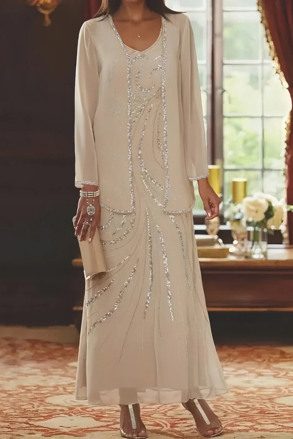 Chiffon Mother of the Bride Dress 3/4 Sleeve Wedding Guest Dress with Beadings