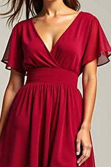 Chiffon Red Wedding Guest Dress V-Neck Knee Length Formal Dress With Short Sleeves