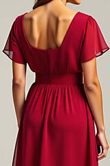 Chiffon Red Wedding Guest Dress V-Neck Knee Length Formal Dress With Short Sleeves
