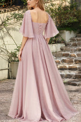 Chiffon Sweetheart Bridesmaid Dress Batwing Sleeves Wedding Guest Dress with Slit