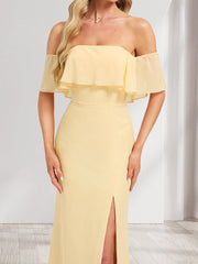 Chiffon Trumpet/Mermaid Off-the-Shoulder Floor-Length Bridesmaid Dress With Ruffles & Split Side