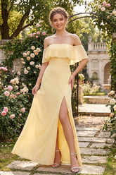 Chiffon Trumpet/Mermaid Off-the-Shoulder Floor-Length Bridesmaid Dress With Ruffles & Split Side