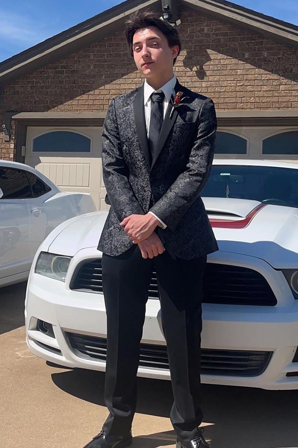 Classic Black Shawl Lapel Jacquard One-Button Prom Graduation Jacket for Men