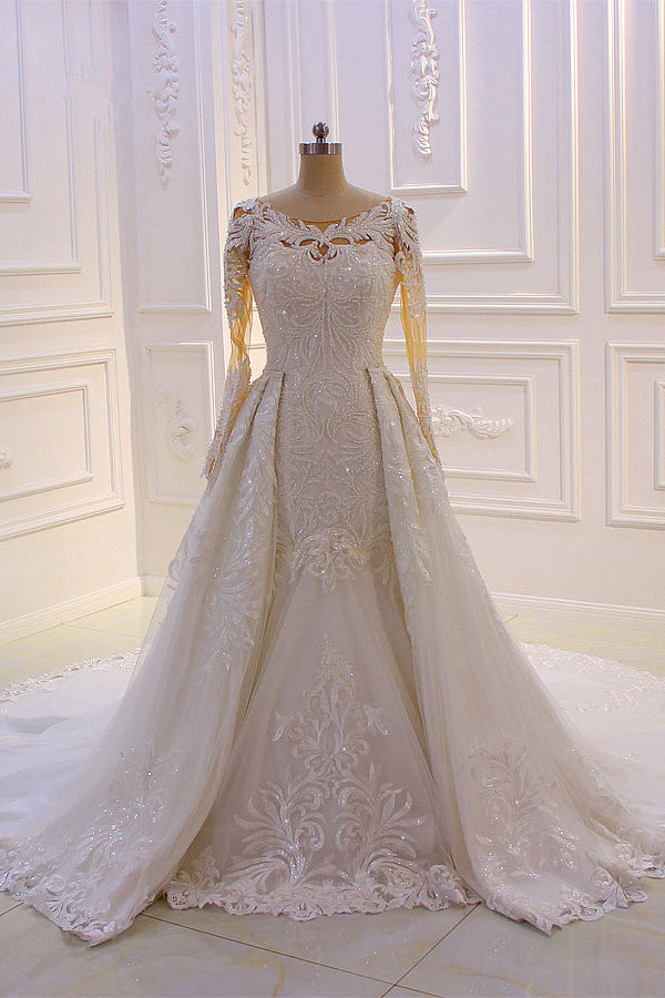 Classic Jewel Neck Long Sleeves Tulle Lace Ivory Wedding Dress with Panel Train