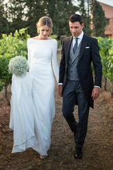 Classic White Bateau Long Sleeves Simple Beach Wedding Dress