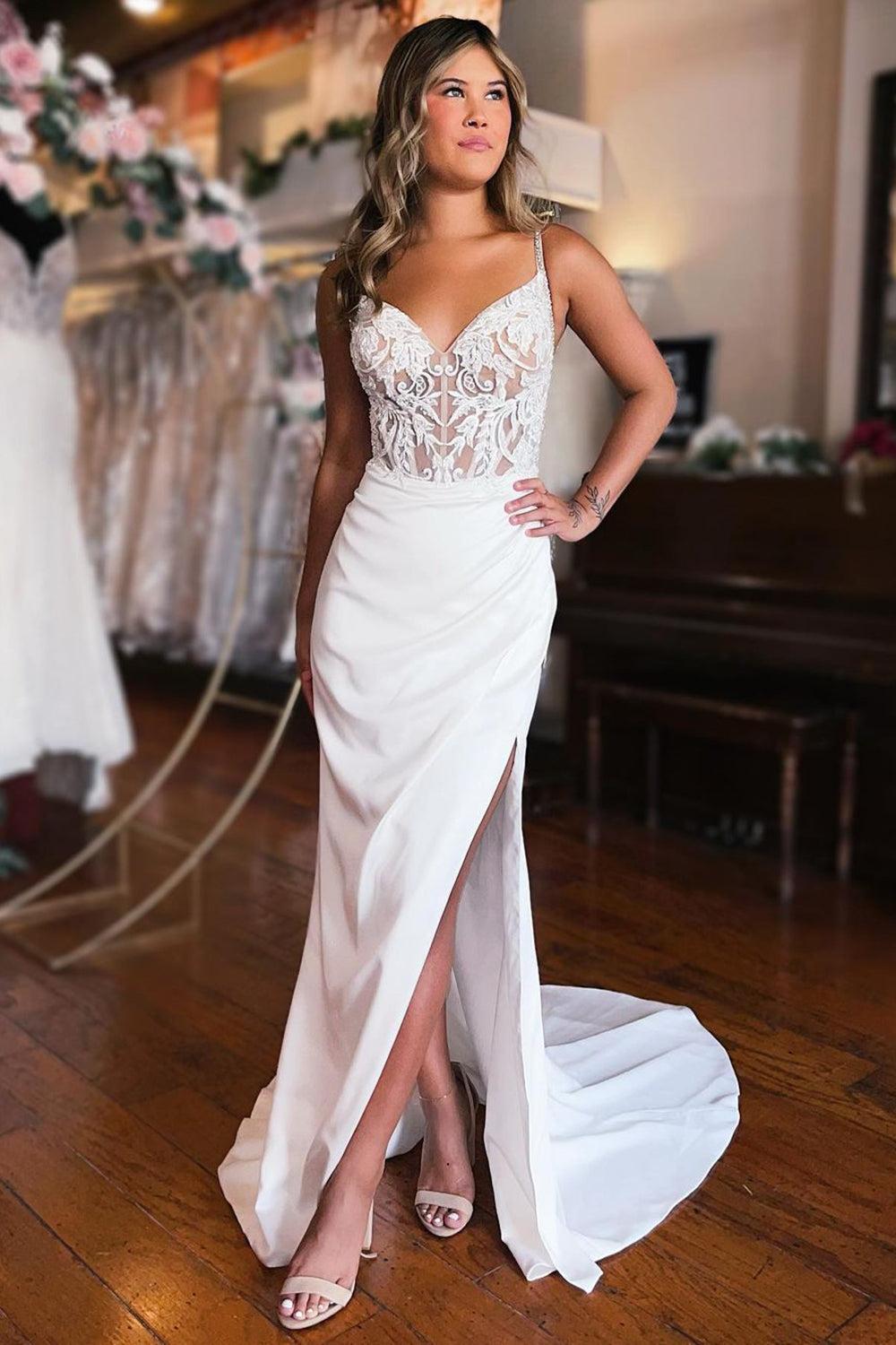 Classic White Lace-Up Back Beach Wedding Dress with Slit